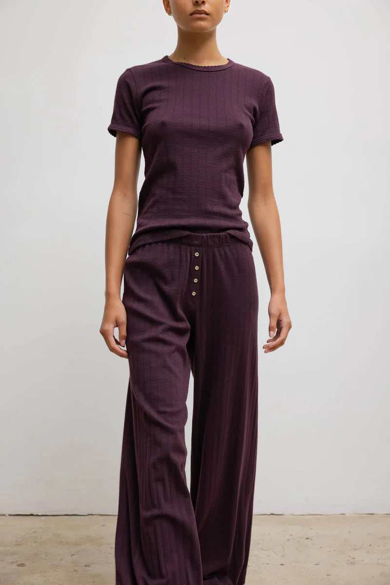 LESET purple pointelle long sleeve and sweatpants with white buttons