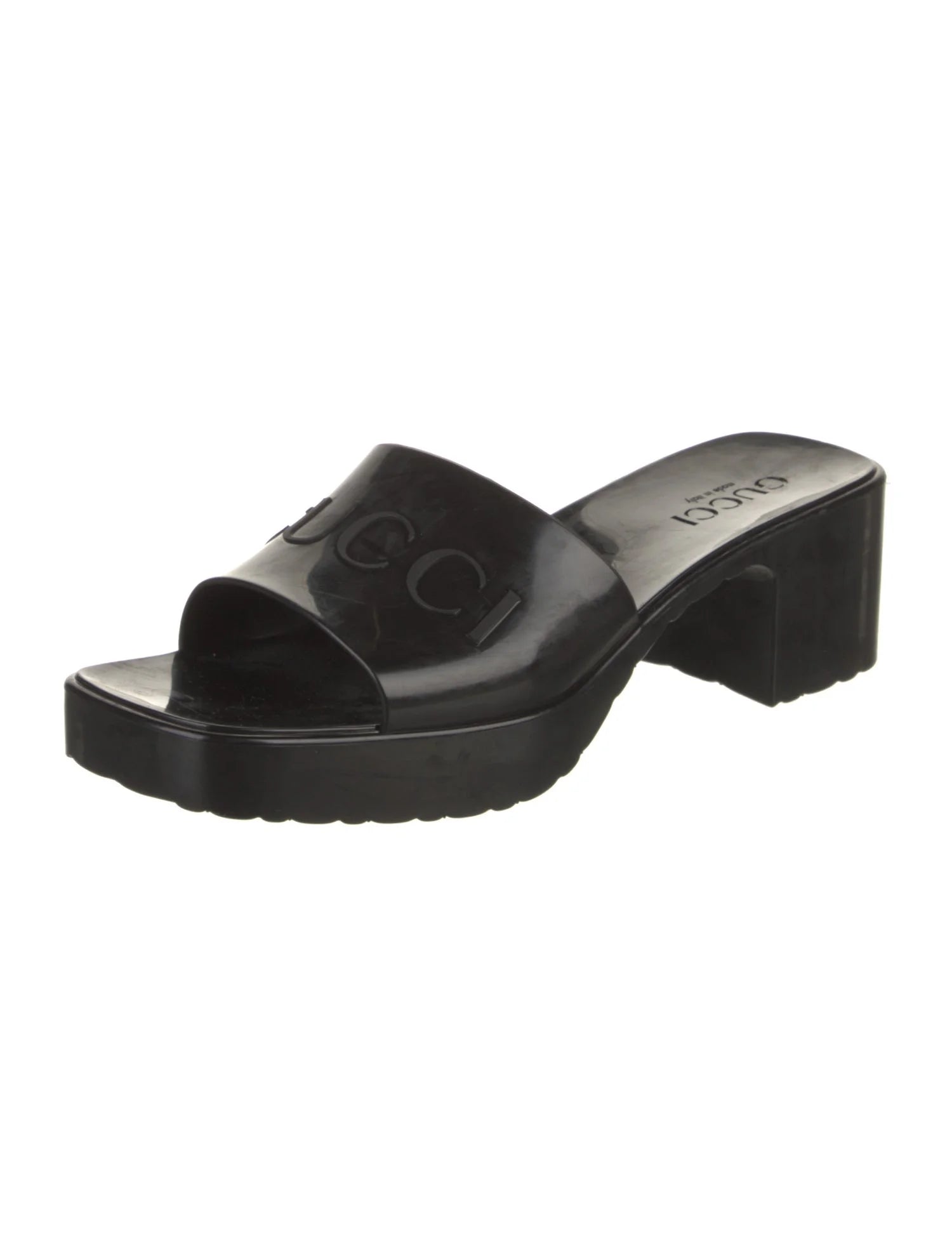 GUCCI black rubber logo platform slide sandals
