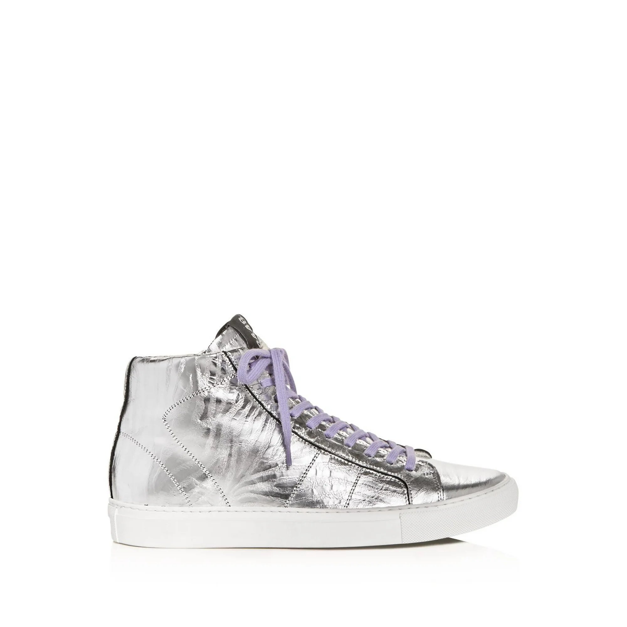 P448 silver high tops with purple laces