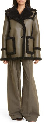 PROENZA SCHOULER WHITE LABEL green faux leather coat with black fur lapel and trim