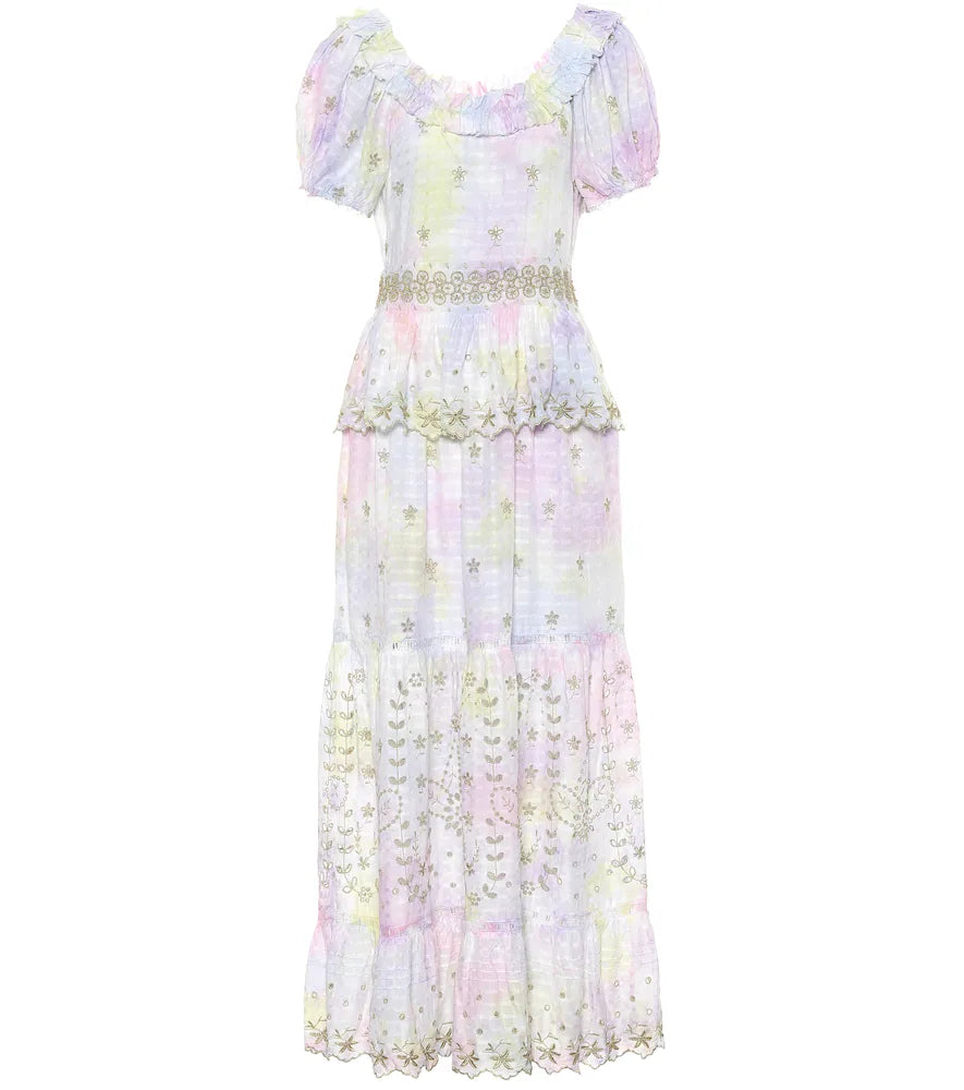 LOVESHACKFANCY pastel tie-dye maxi dress with gold accents