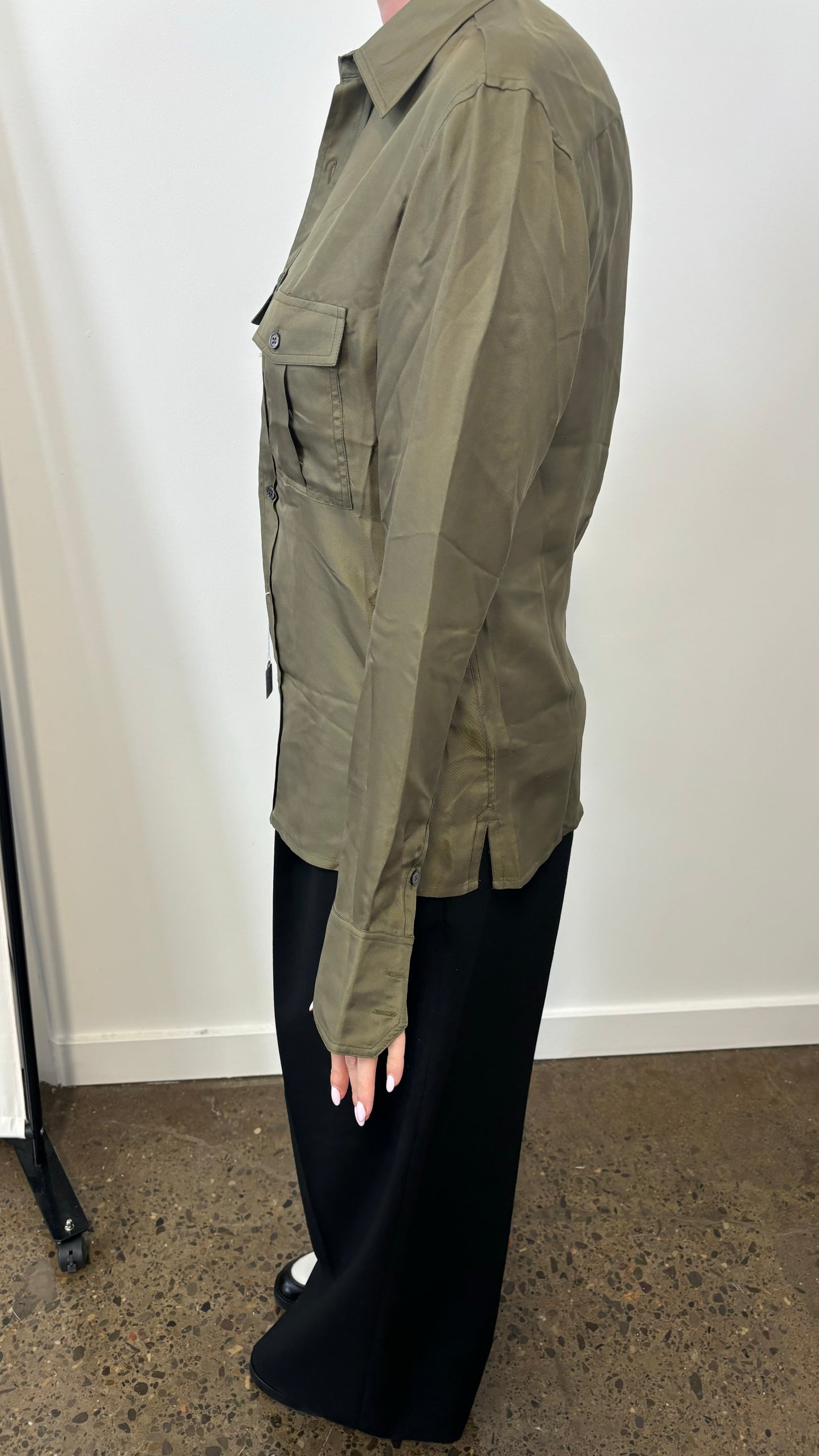 73 LONDON olive green silk button up
