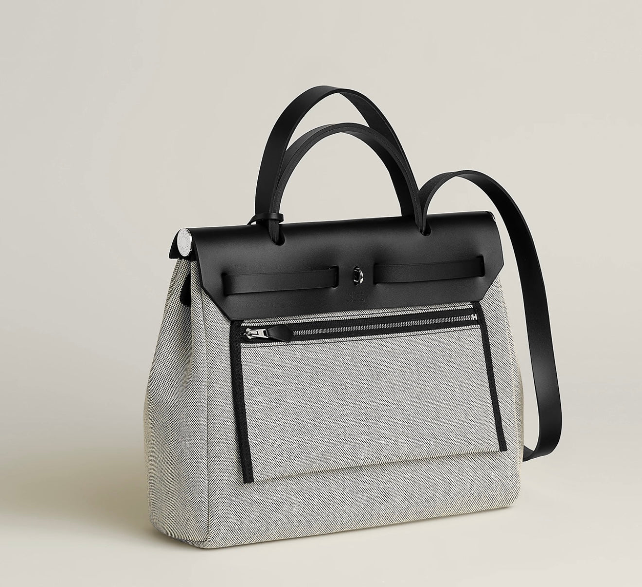 Hermès Herbag Zip 31 PM Hobnailed Black and Ecru Printed H Plume Canvas and Vache Hunter Palladium Hardware