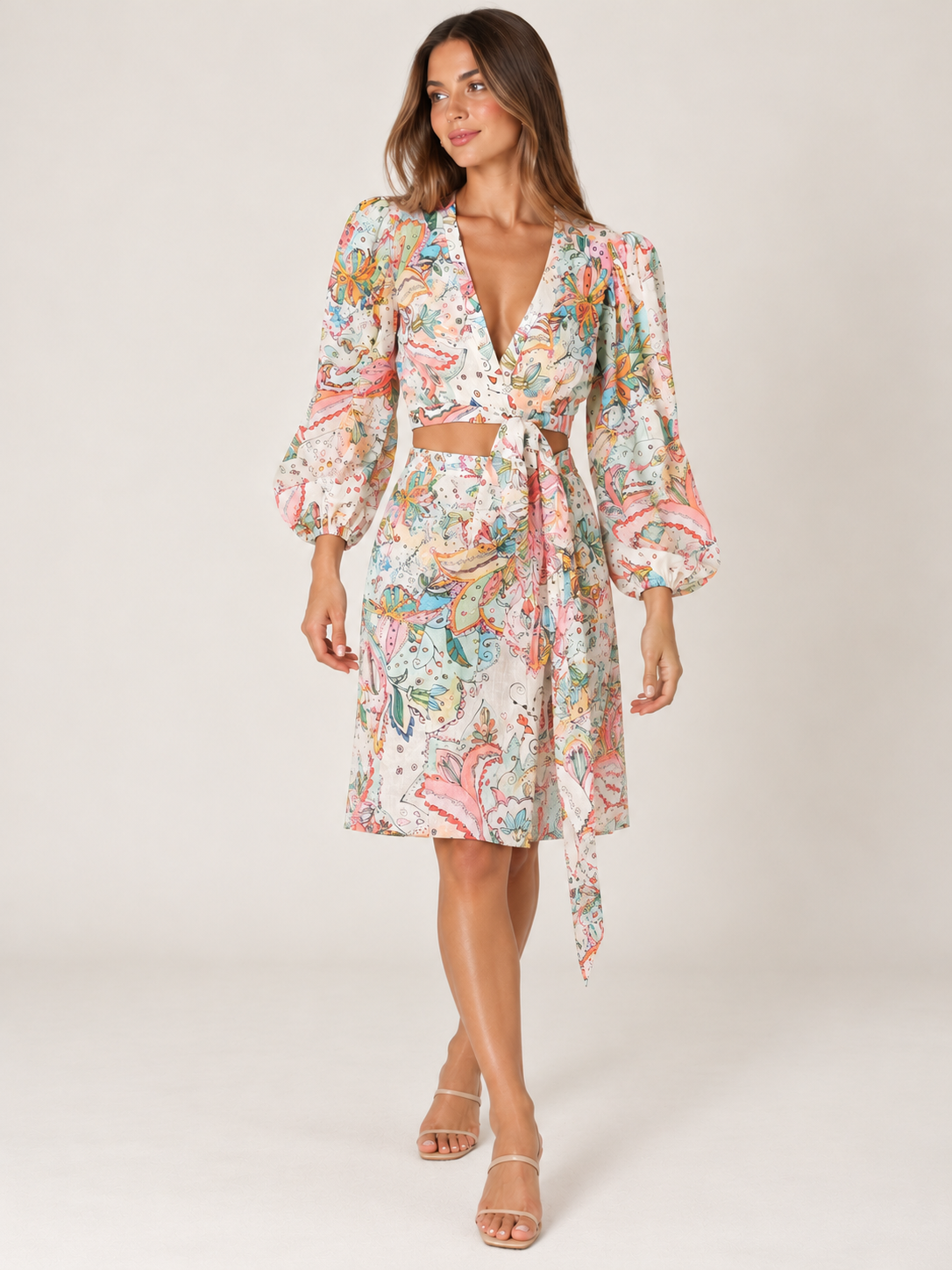 AISA multicolour print dress cutout mini dress, long sleeve