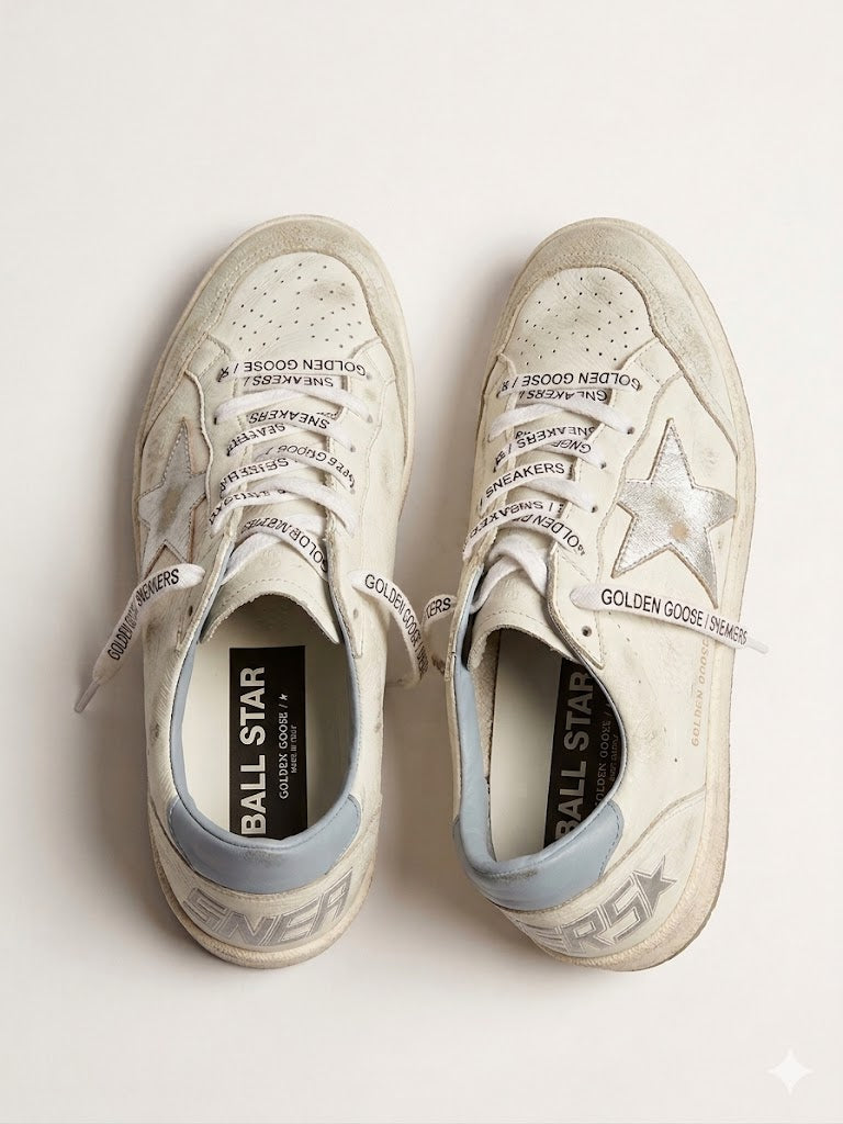 GOLDEN GOOSE white ballstar sneakers, light blue, silver star, logo laces