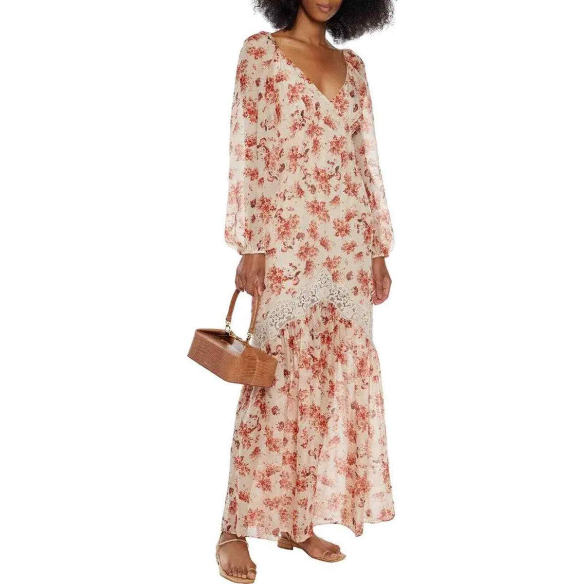 Cami NYC Cream Red Floral Lace Trim Midi Dress with Puff Sleeves