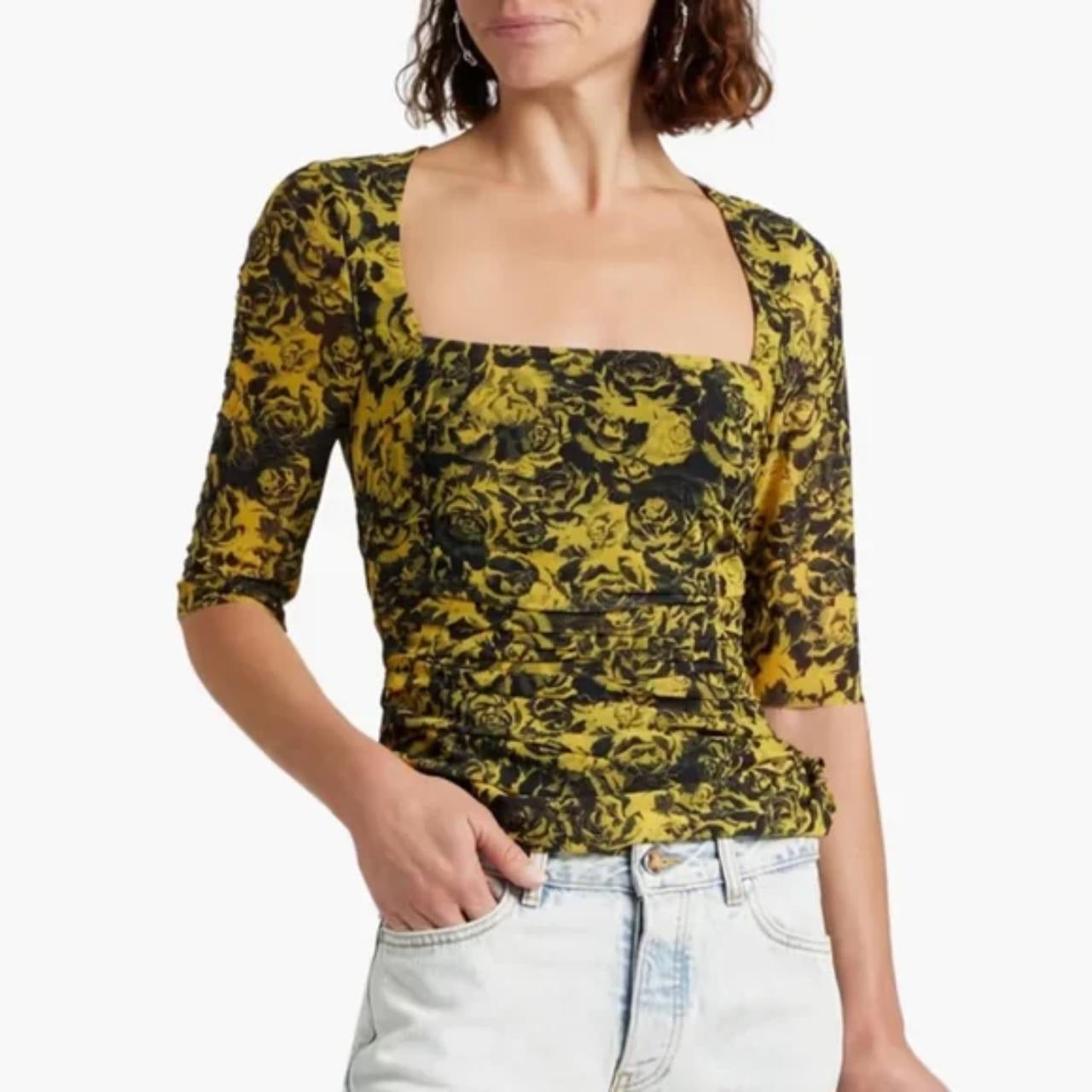 GANNI yellow/black floral rouched top