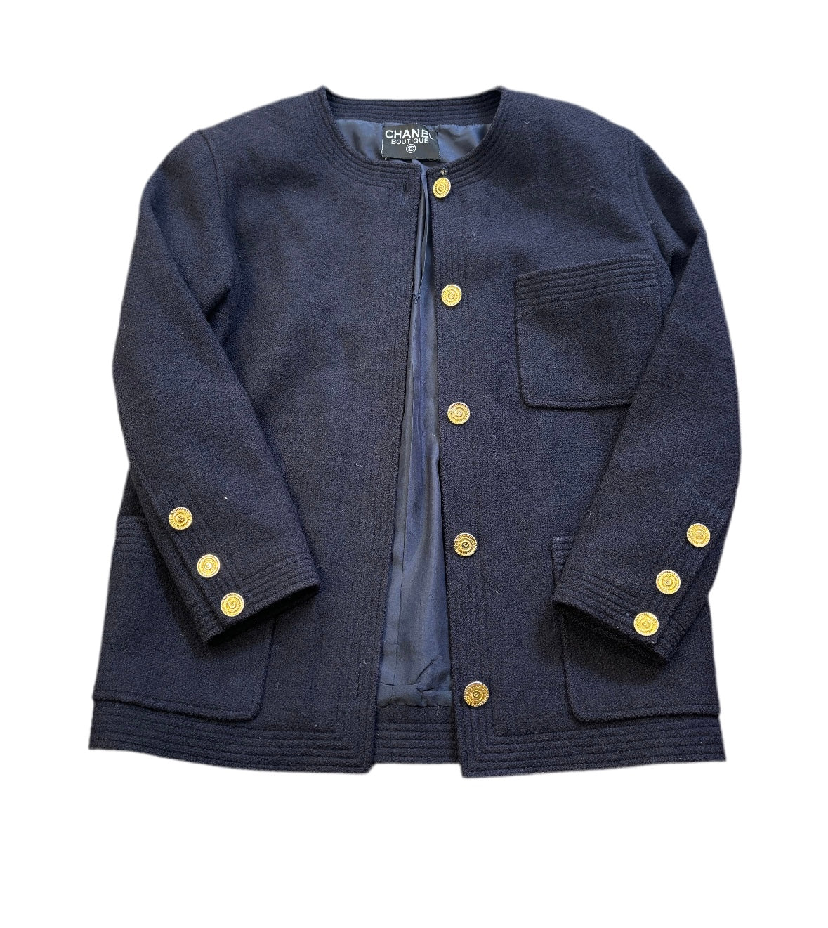 CHANEL BOUTIQUE navy wool coat, gold buttons