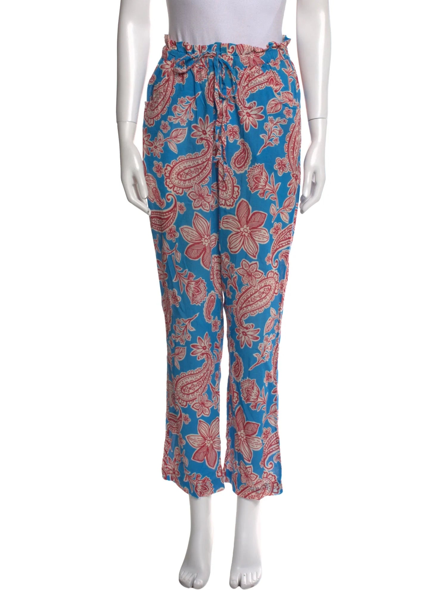 XIRENA 100% cotton blue pants with red/white flower print