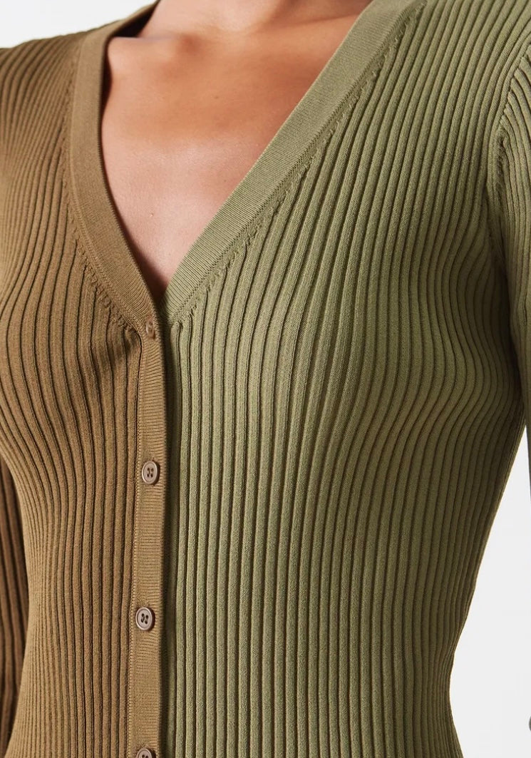 STAUD Cargo Two-Tone Ribbed-Knit Cardigan