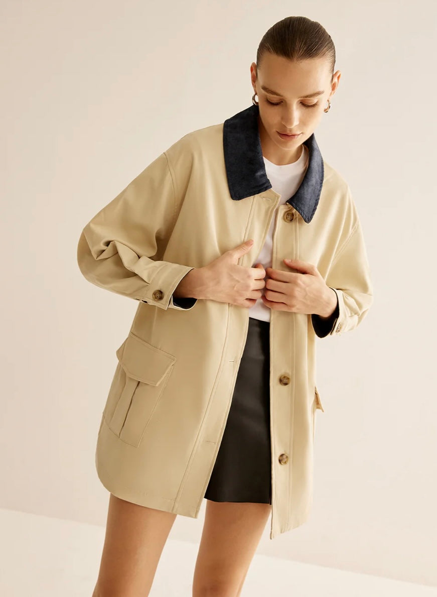 COMMENSE Oversized Cotton Contrast Collar Button Jacket