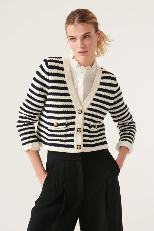 BA&SH navy and ivory cropped knit cardigan w gold and black buttons