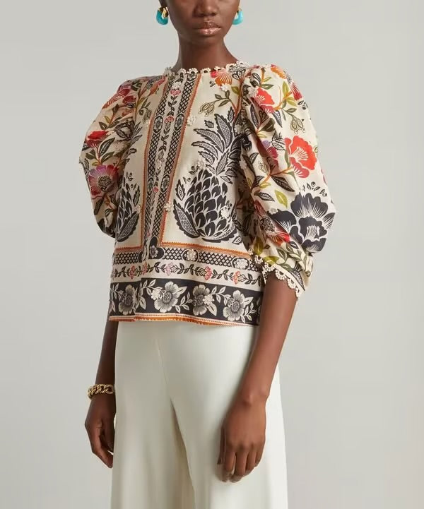 FARM RIO multi colour floral blouse with puff sleeve