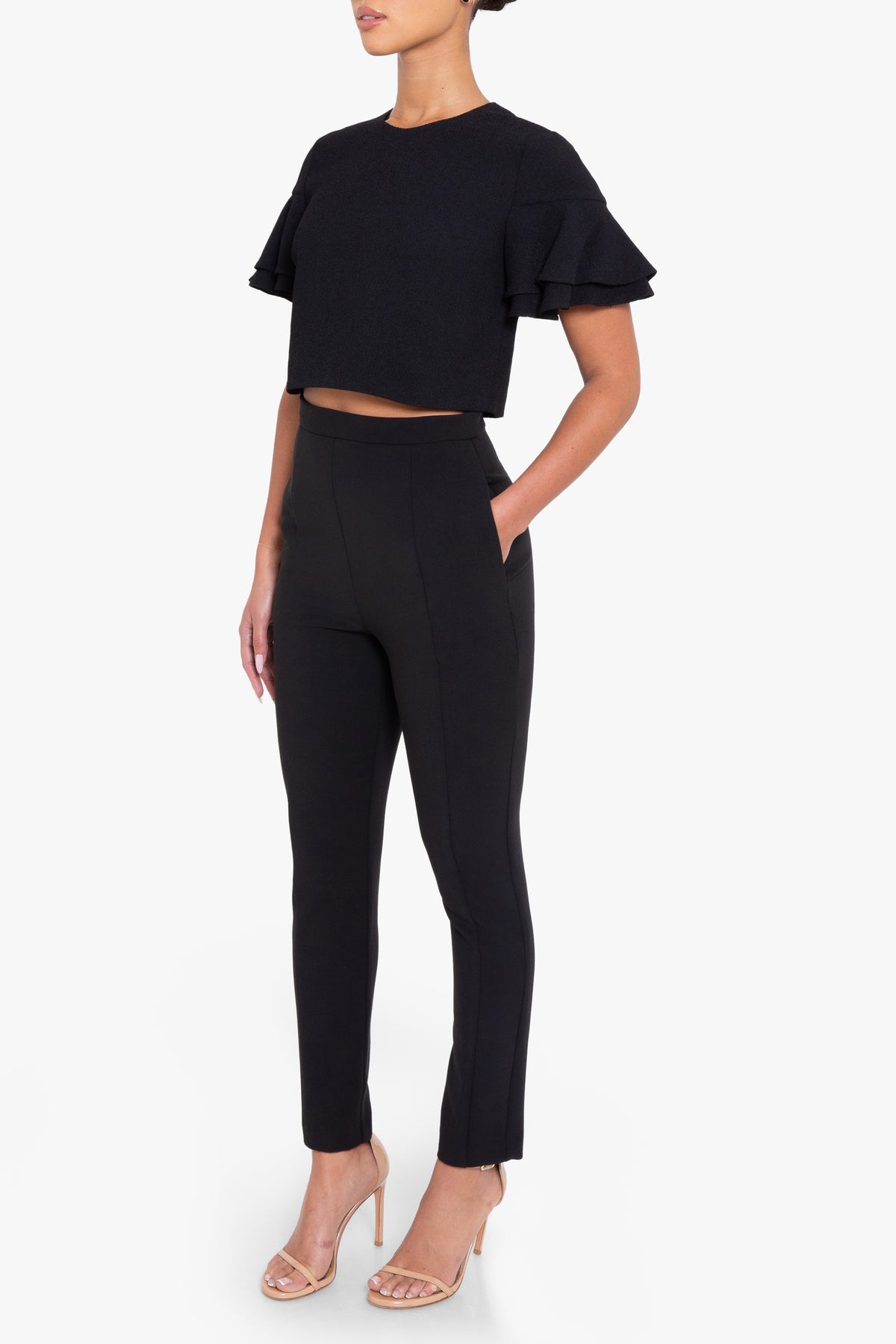 BLACK HALO black tee with ruffled sleeve and pants