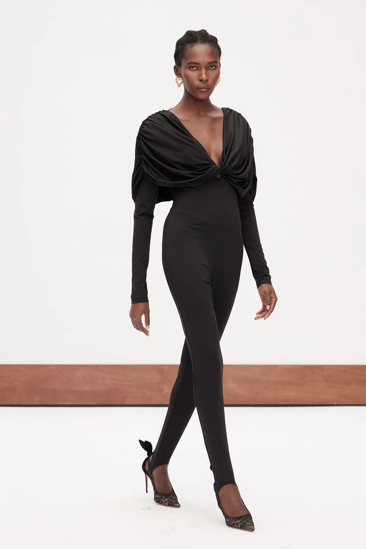 Innovare Denim Black Draped Cowl Neck Sitrrup Jumpsuit NWT