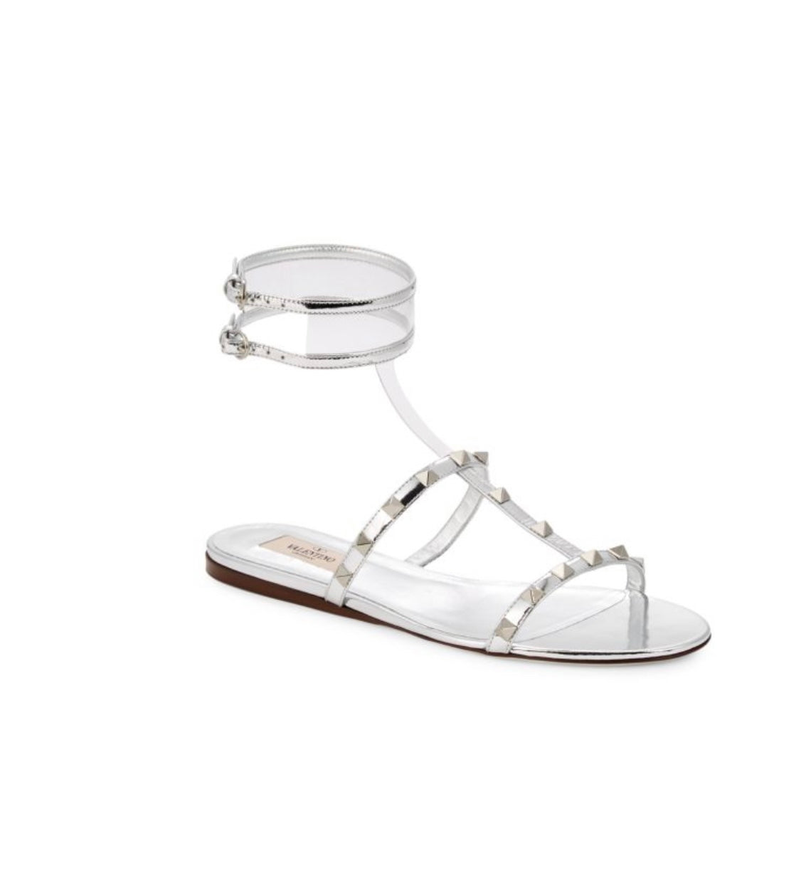 VALENTINO GARAVANI
Rockstud Metallic Leather & PVC T-Strap Sandals