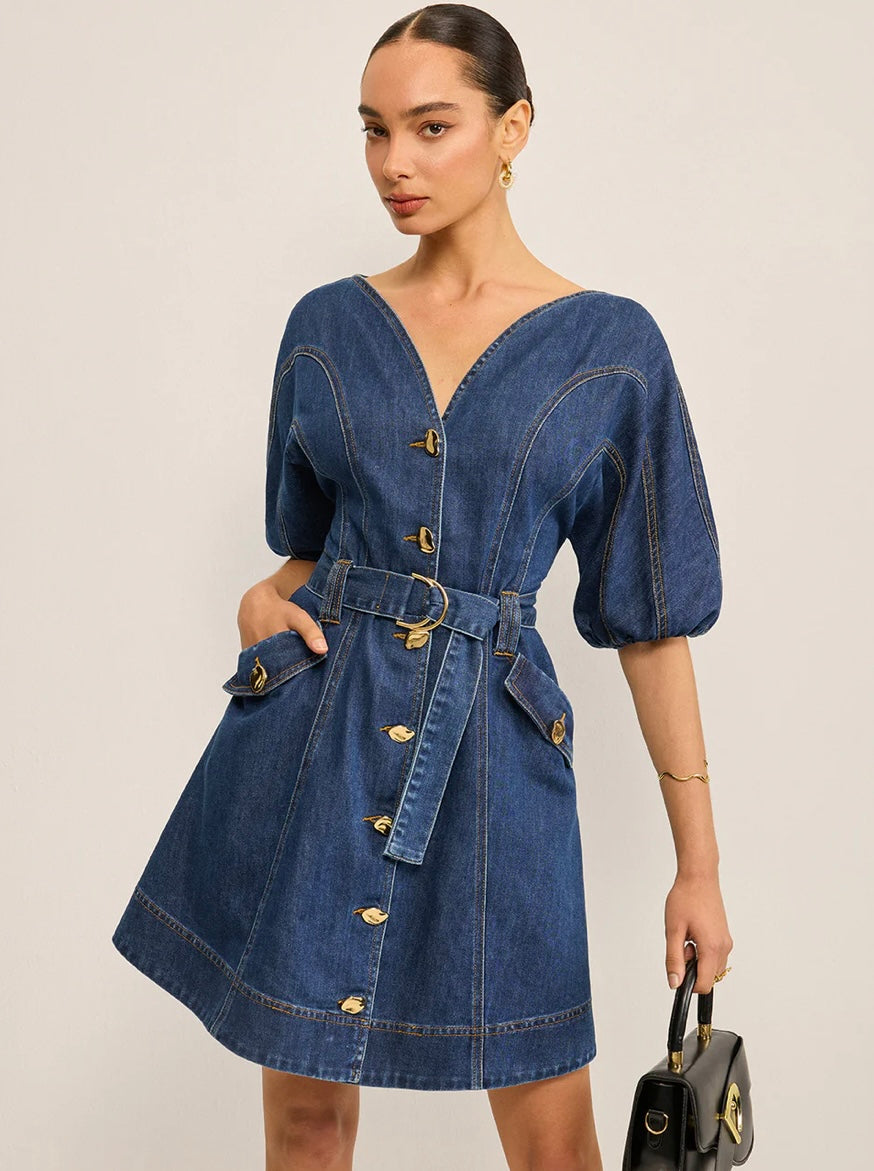 Commense Pocketed Belted Denim Dress