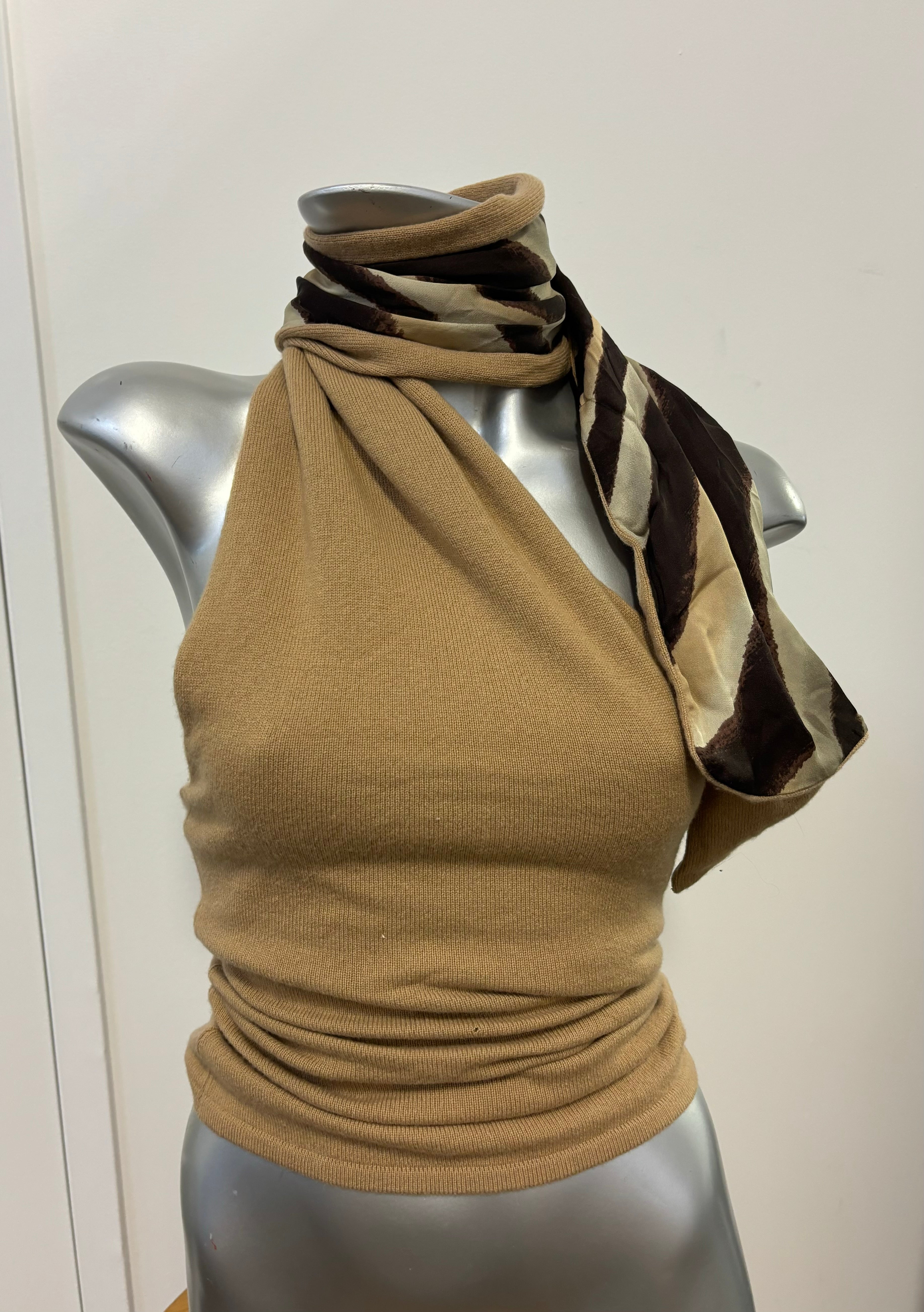 RALPH LAUREN camel colour knit tube top with brown zebra silk scarf sewn in