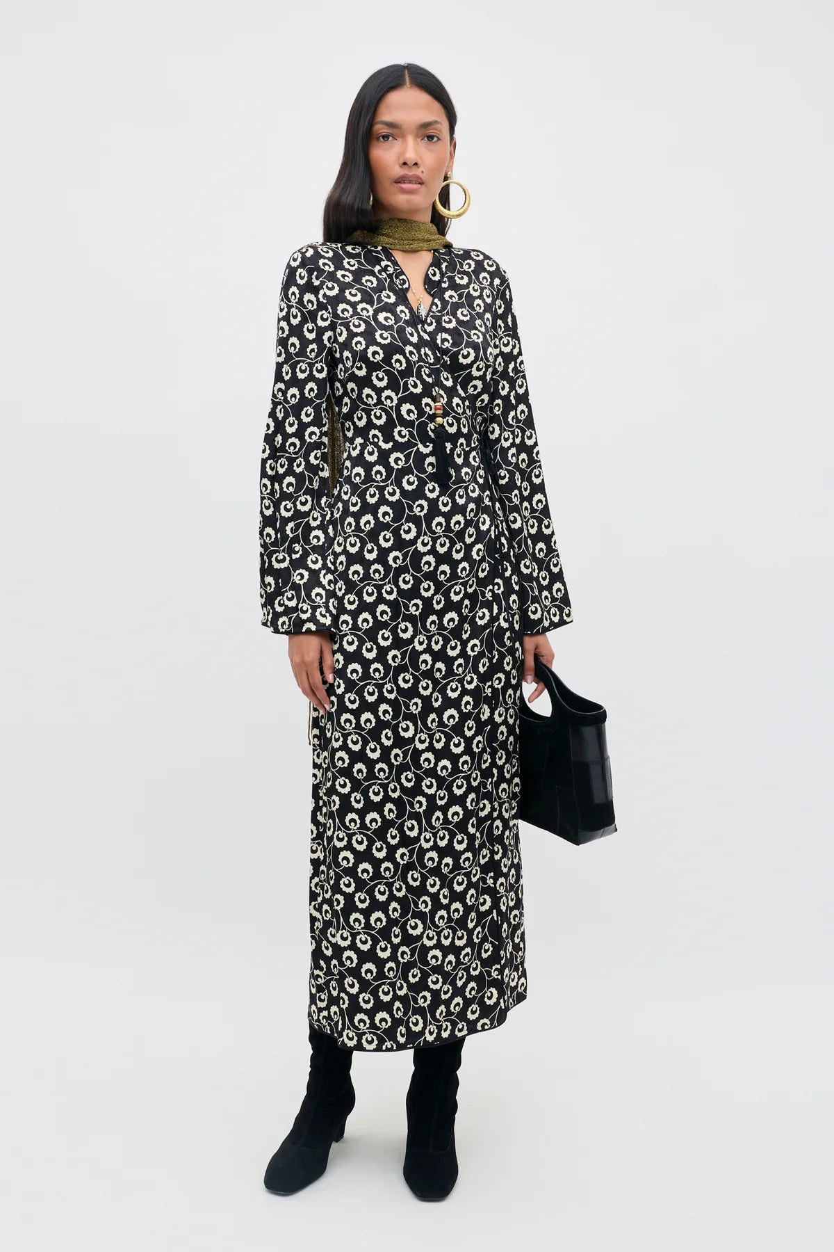 RIXO Cindy Dress, long sleeve maxi wrap dress, black satin with cream floral print