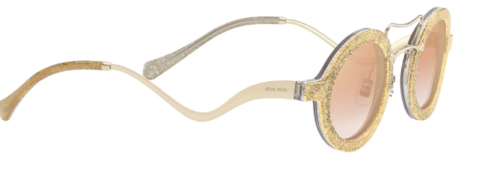 MIU MIU 02VS gold glitter sunglasses with rose gold round mirror frames, O/S