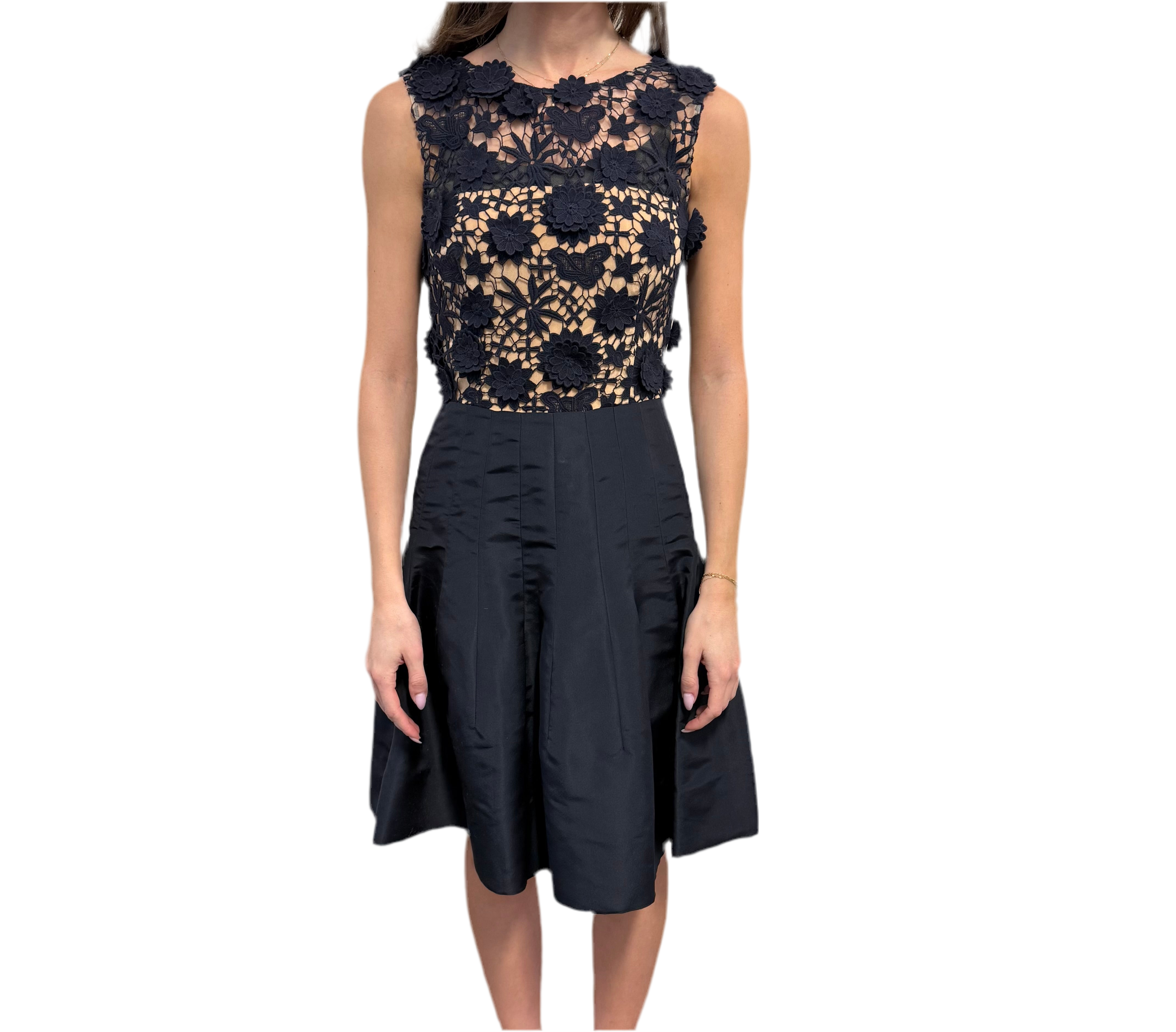 Oscar De La RENTA - Navy Crochet & Flared Pleated Cocktail Dress