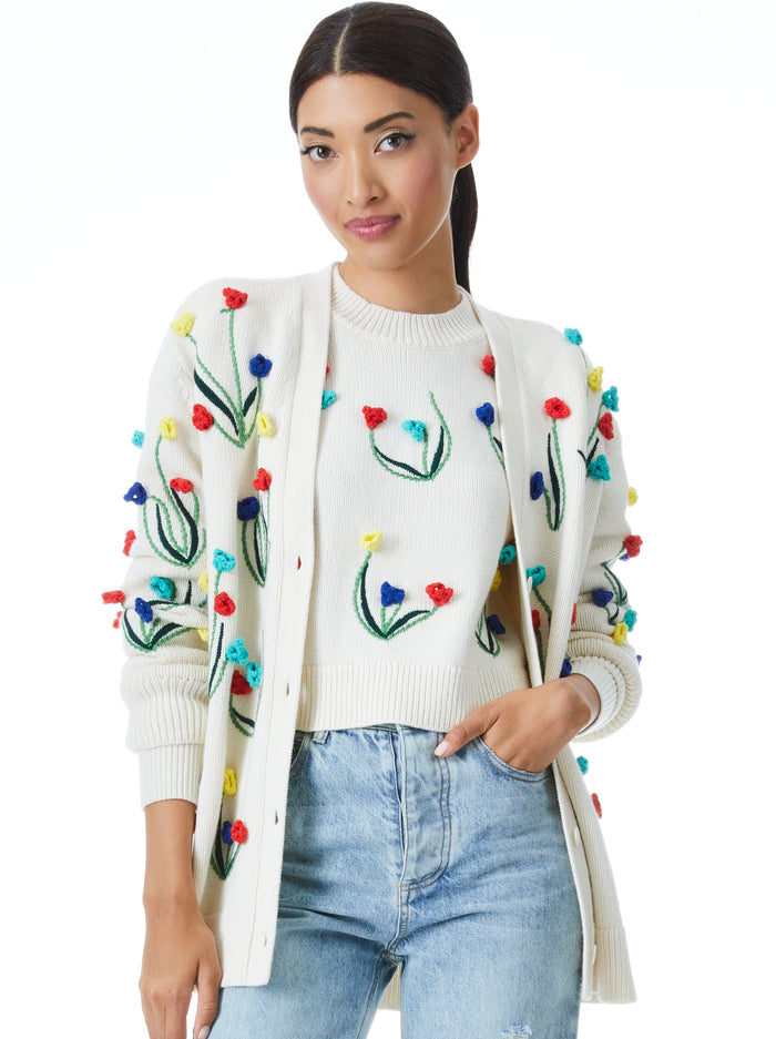 ALICE + OLIVIA cream cardigan with embroidered 3D flowers