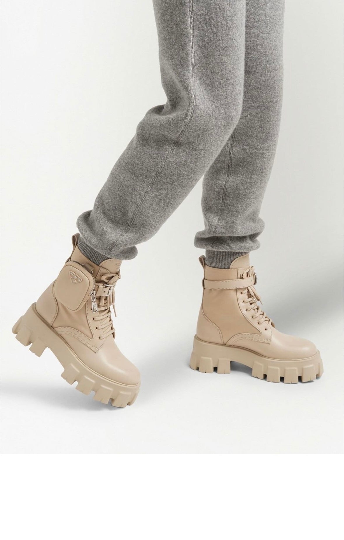 Pre-loved Prada Re-Nylon Beige Leather Combat Boots