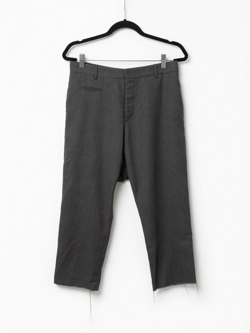 R13 Grey Dropped Crotch Cropped Trousers with Raw Hem