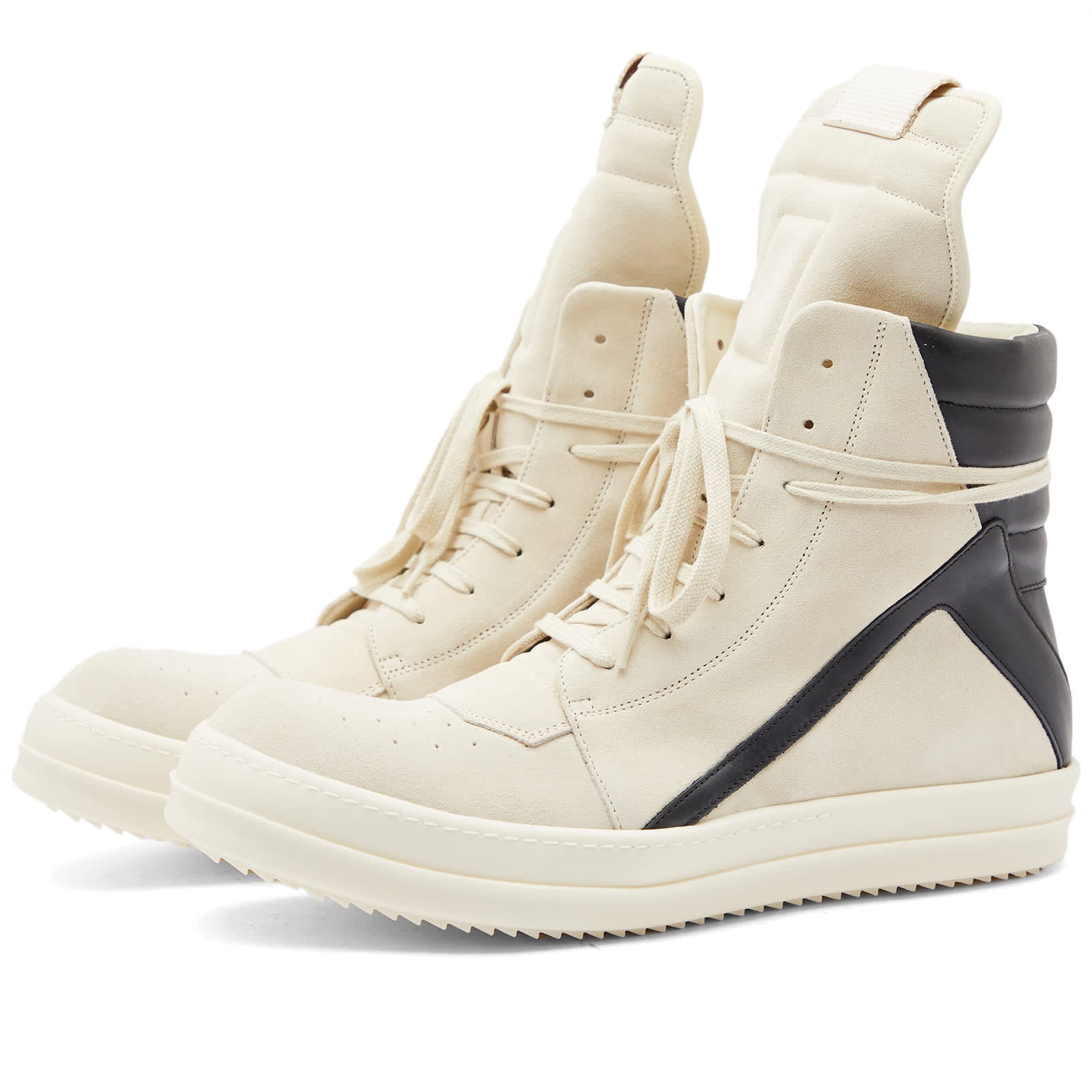 RICK OWENS white/light grey suede and black leather high top sneakers