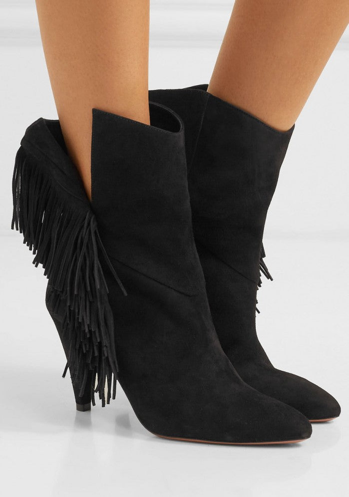 AQUAZZURA black suede wild fringe bootie
