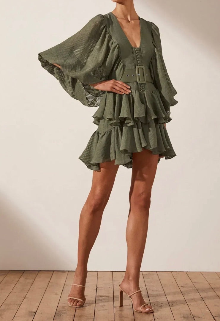 SHONA JOY green ruffle dress with belt