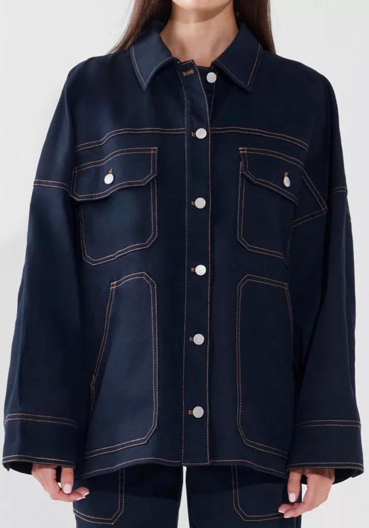 BY.DYLN dark denim jacket with light brown stitching
