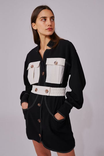 C/MEO COLLECTIVE black/white long sleeve romper with belt