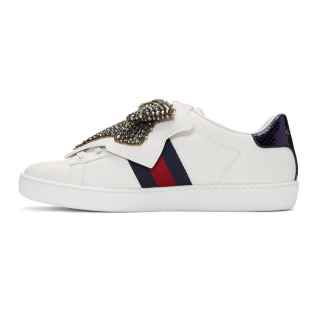 Gucci White Crystal Bow Ace Sneakers