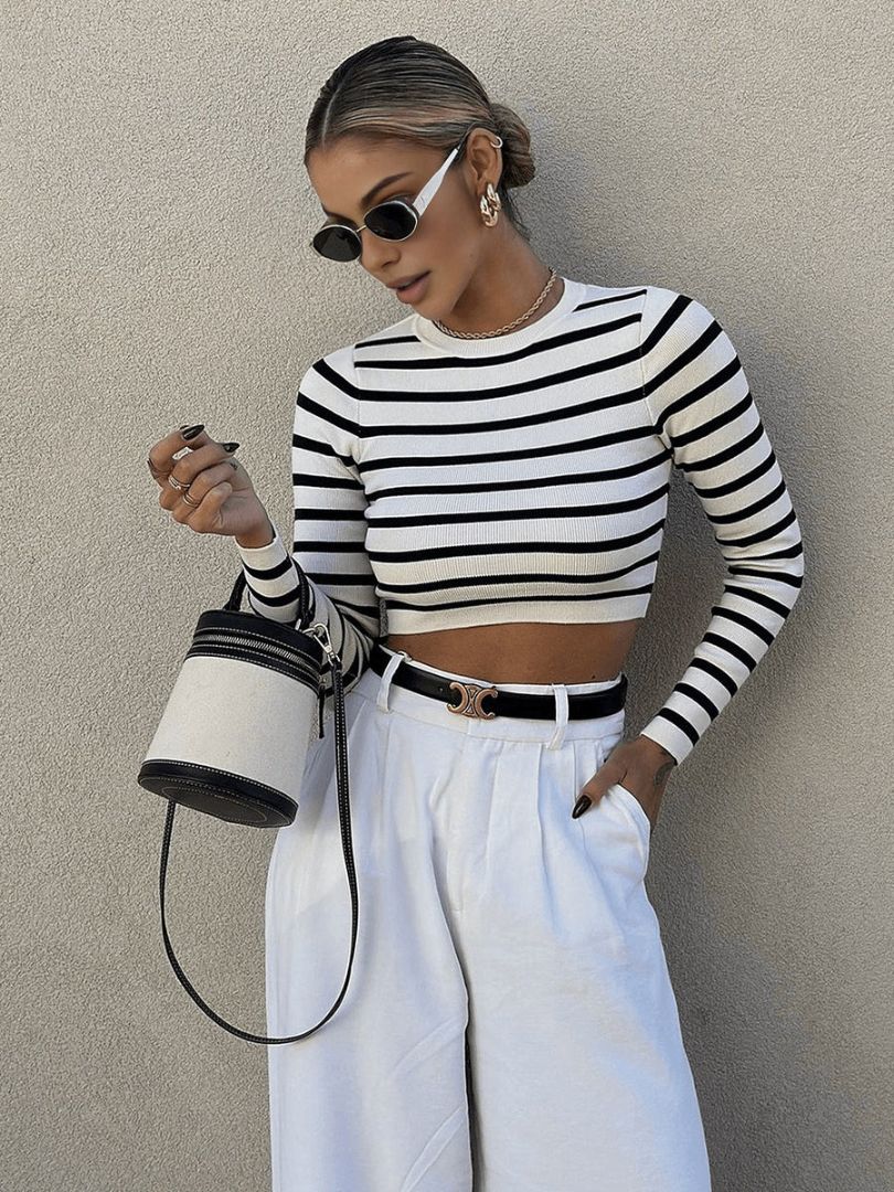 COMMENSE white/black stripe cropped long sleeve