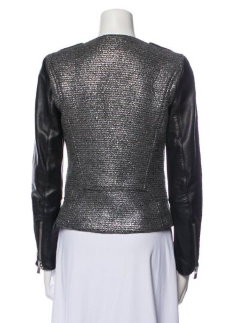 MAJE - TWEED JACKET WITH LEATHER SLEEVES