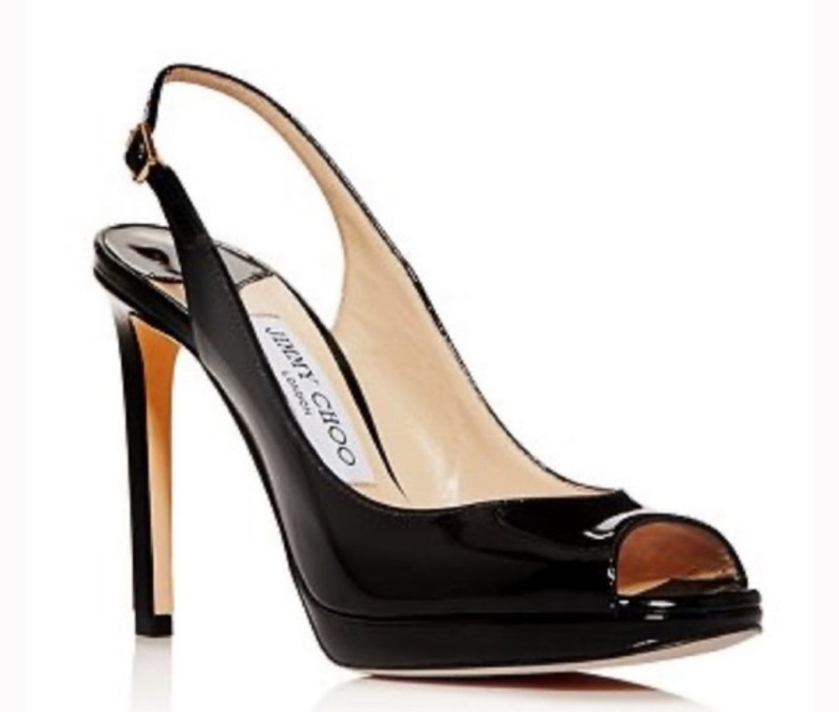 JIMMY CHOO - NOVA PEEP-TOE PATENT LEATHER SLINGBACK PLATFORM PUMP