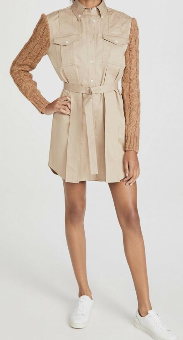 Derek Lam 10 Crosby - Vivian Mixed Media Long Sleeve Belted Shirt Dress