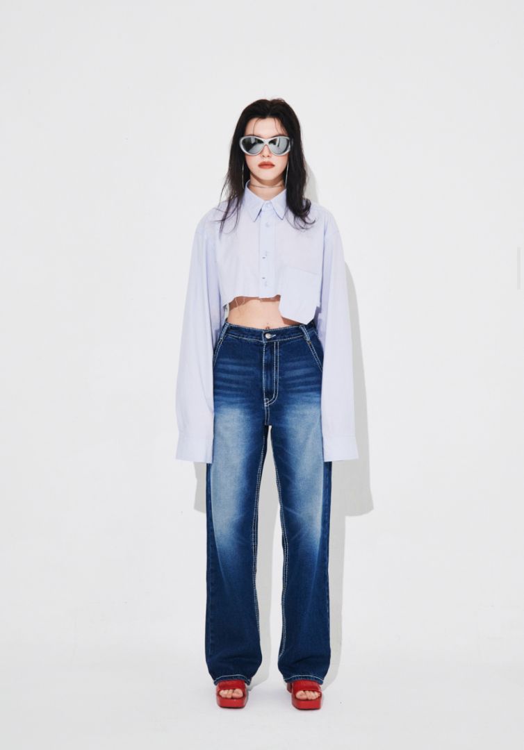 GATELESS cropped blue button down with extended pocket