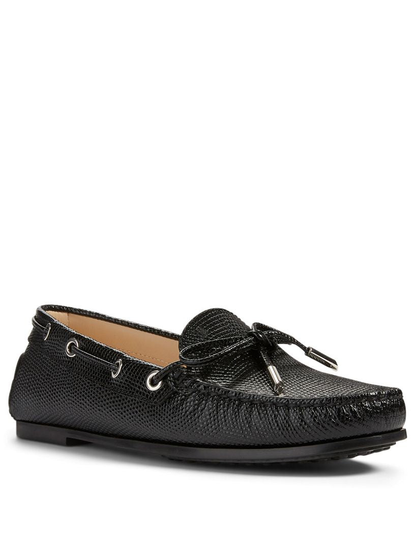 TODS patent black croc boat style shoes