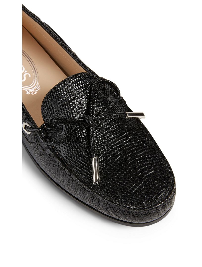 TODS patent black croc boat style shoes