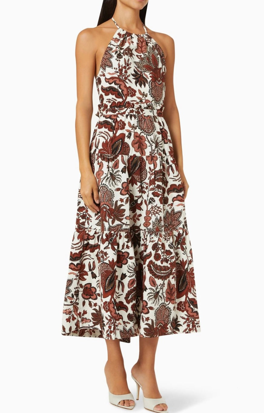 SHONA JOY ivory with brown floral print halter maxi dress