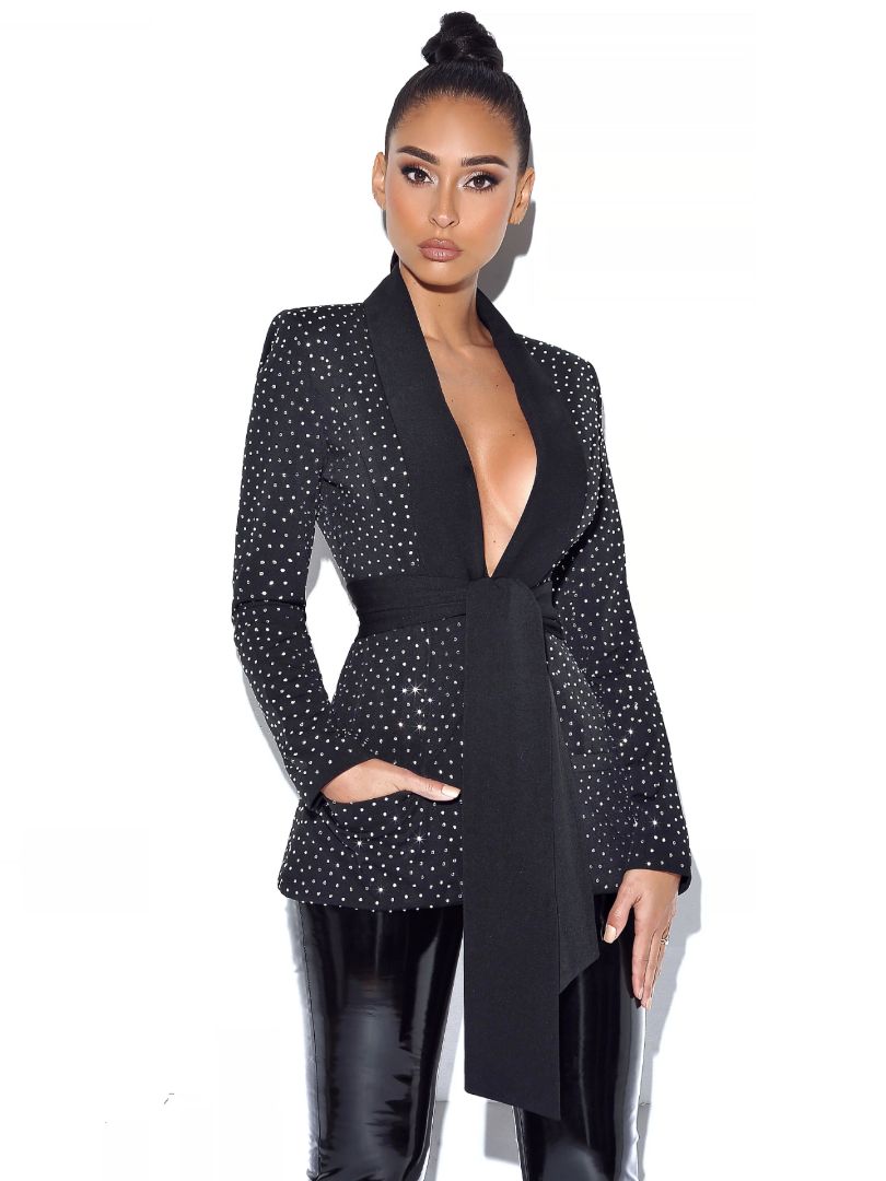 Miss Circle - Rhinestone Belted Tuxedo Blazer