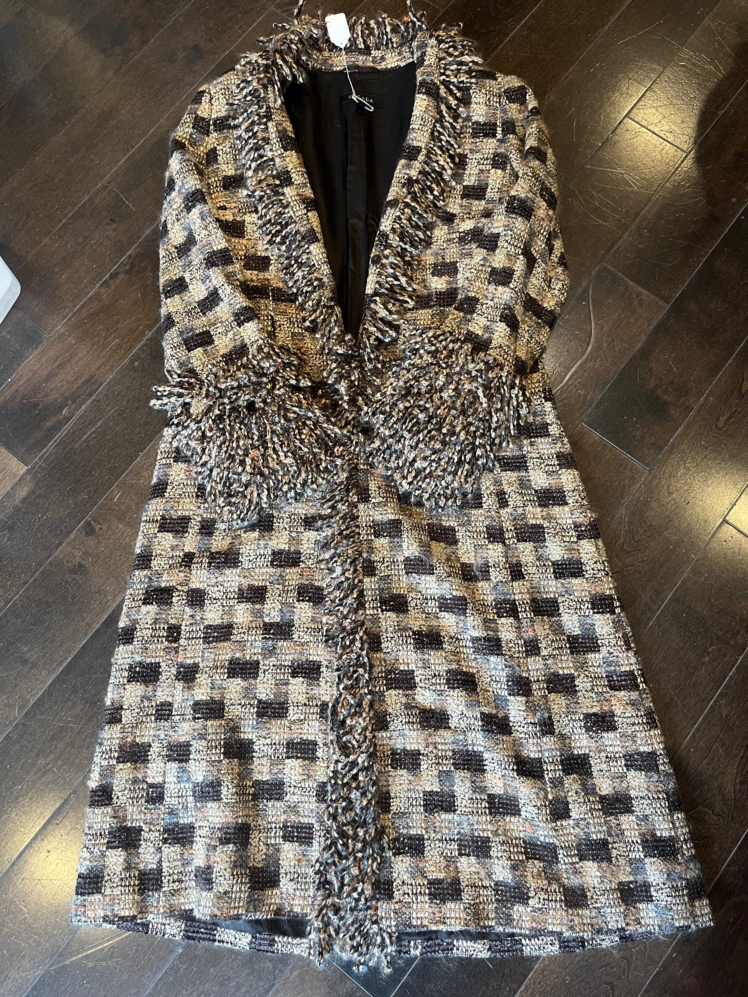 ESCADA brown/beige plaid print tweed/wool coat. Fringe on trim and sleeves