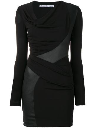 ALEXANDER WANG Black Chiffon/Leather Longsleeve mini dress