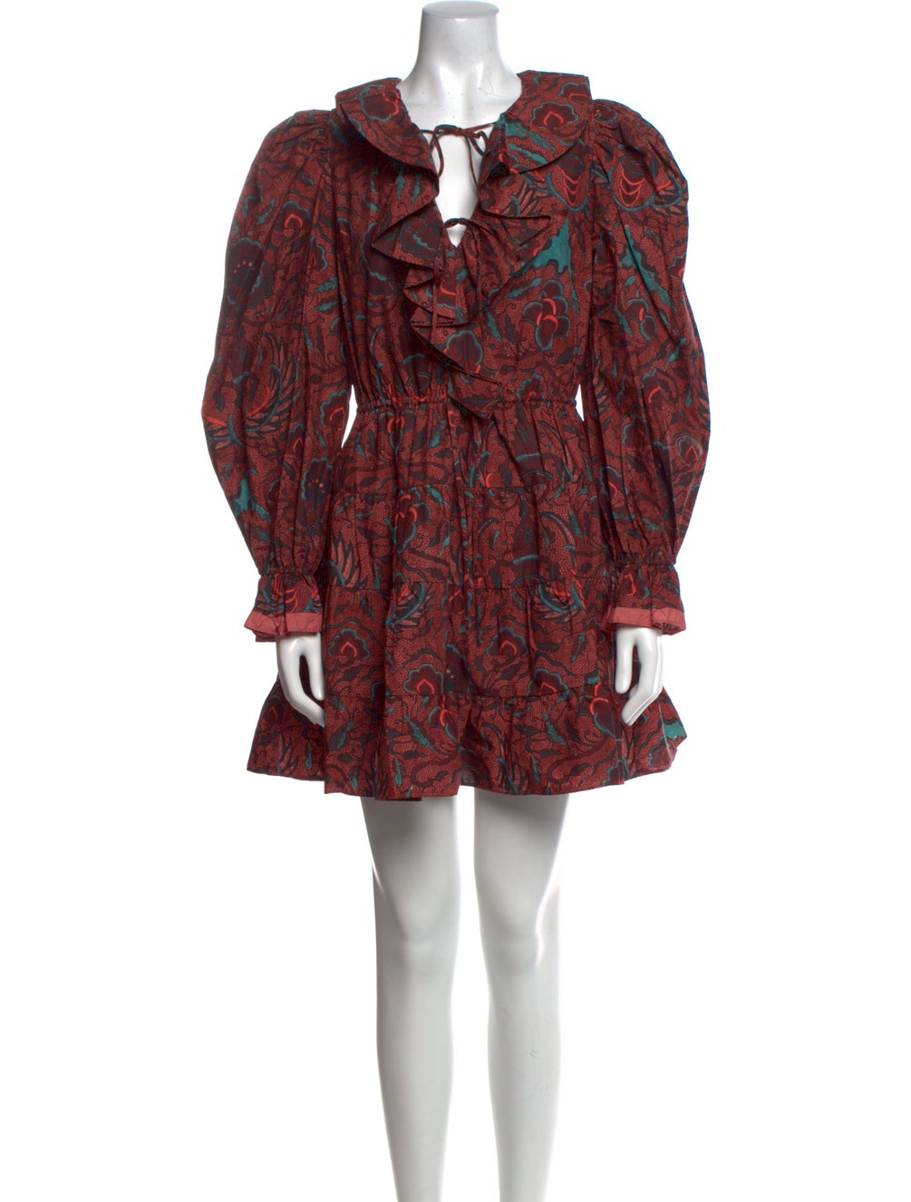 ULLA JOHNSON BROWN AND BURNT DRESS FRILL LONGSLEEVE MINI DRESS (PATTERENED)