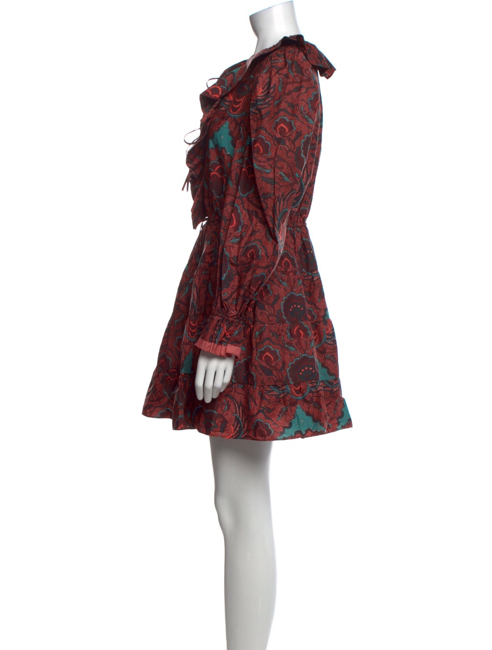 ULLA JOHNSON BROWN AND BURNT DRESS FRILL LONGSLEEVE MINI DRESS (PATTERENED)
