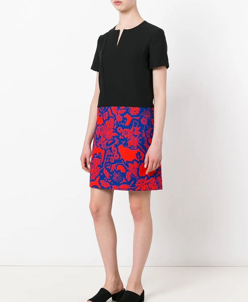 CARVEN black short sleeve dress with red print on bottom
