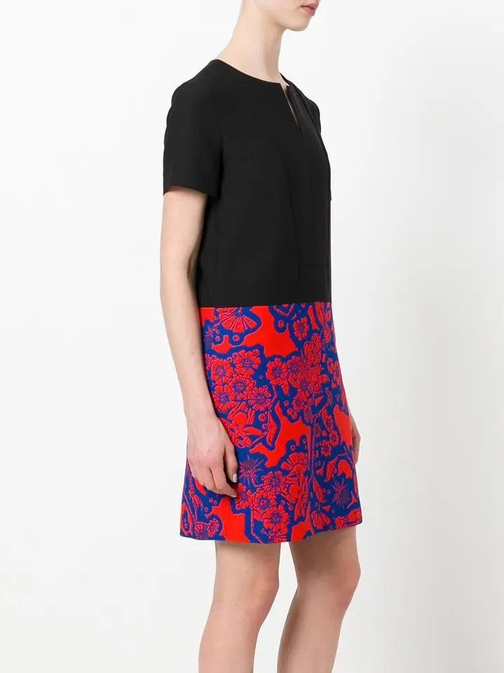 CARVEN black short sleeve dress with red print on bottom