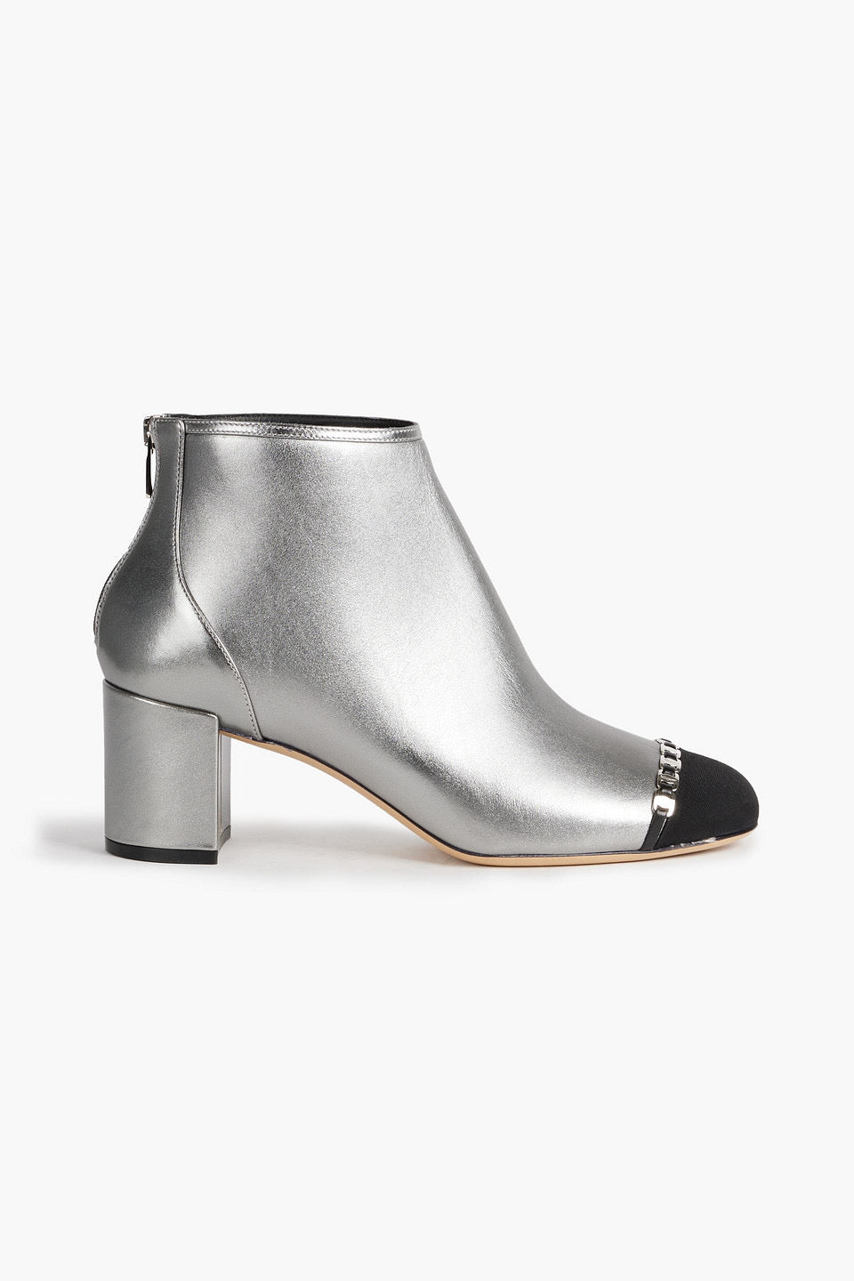 SALVATORE FERRAGAMO silver booties with black toe cap